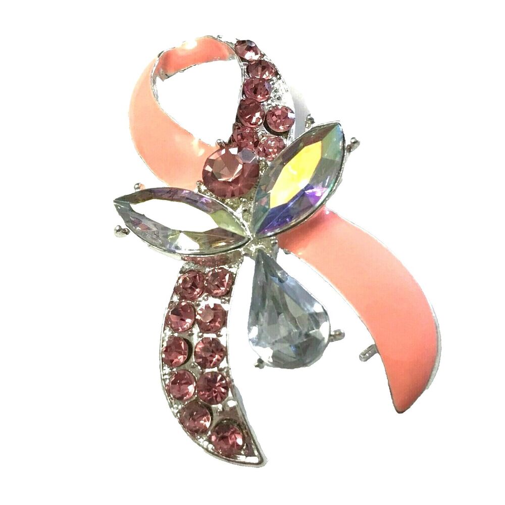 Crystal Pink Ribbon Angel Pin Brooch Breast Cancer Awareness Survivor Enamel